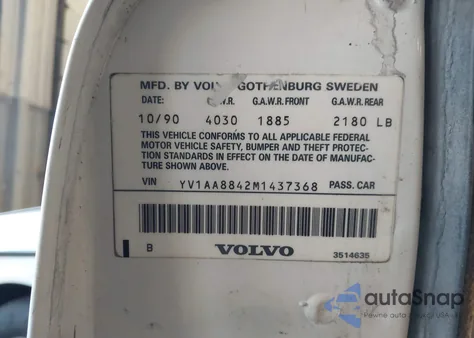 1991 Volvo 240 from USA, damaged, VIN YV1AA8842M1437368